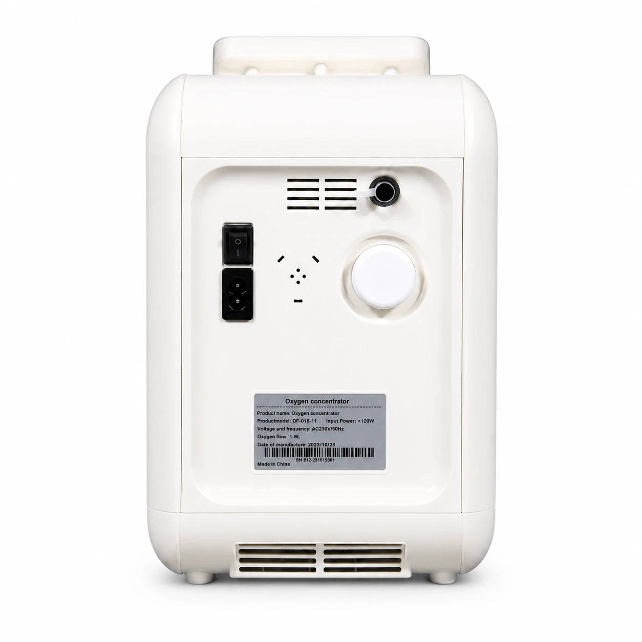 Back view of DF-018 9L home oxygen concentrator with ventilation design and power connection