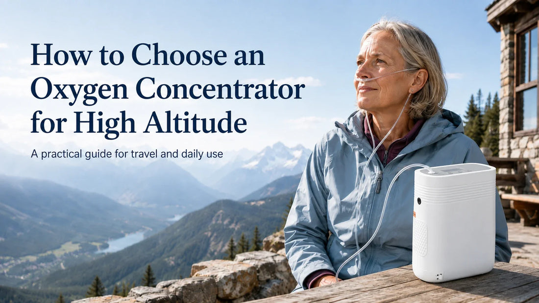 Portable oxygen concentrator for high-altitude travel with an older woman using oxygen therapy in the mountains