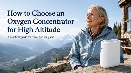 Portable oxygen concentrator for high-altitude travel with an older woman using oxygen therapy in the mountains