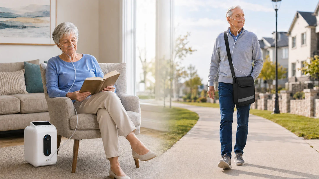 Senior adults using home and portable oxygen concentrators in indoor and outdoor settings