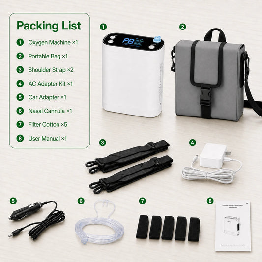 BE12 1-8L portable oxygen concentrator with battery, charger, car power cable, carrying bag and included accessories