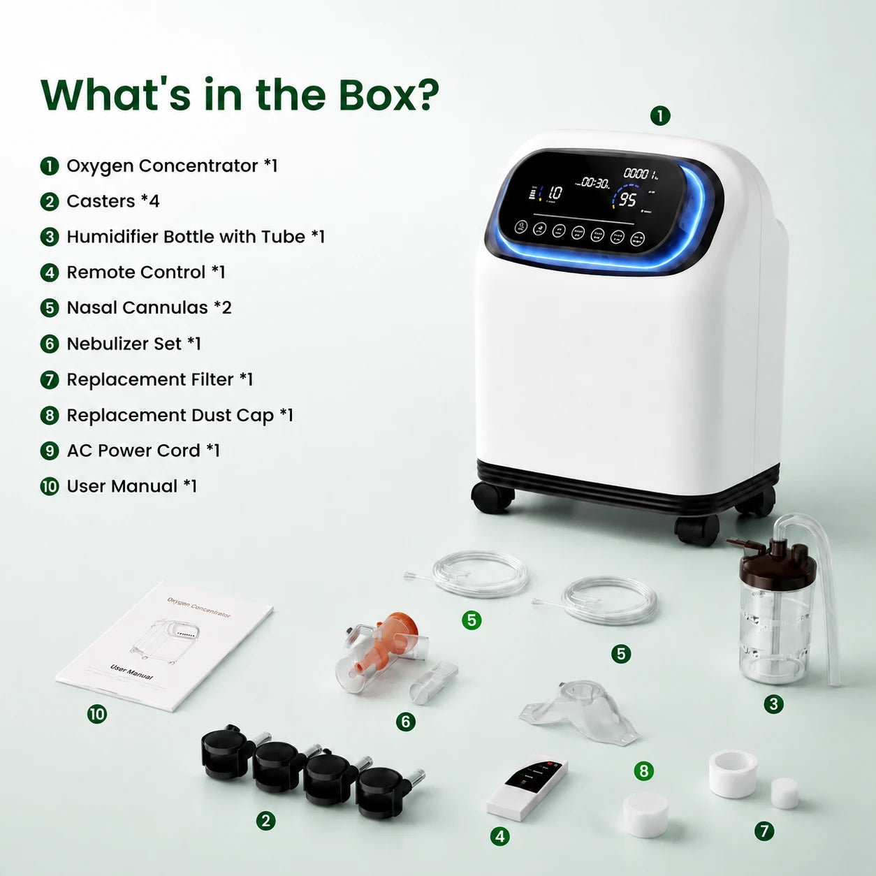 Accessories included with the Higreen Health DF-013 2–9L continuous flow home oxygen concentrator