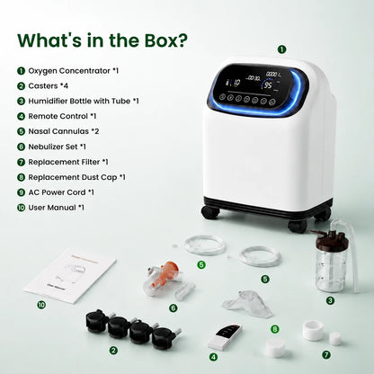 Accessories included with the Higreen Health DF-013 2–9L continuous flow home oxygen concentrator