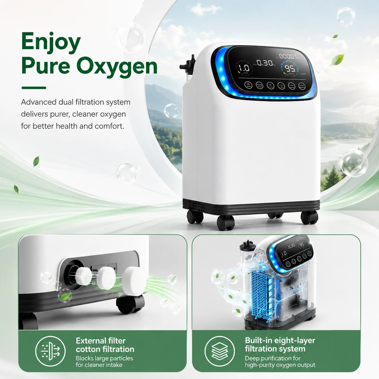 Higreen Health DF-013 2–9L continuous flow home oxygen concentrator with advanced filtration system