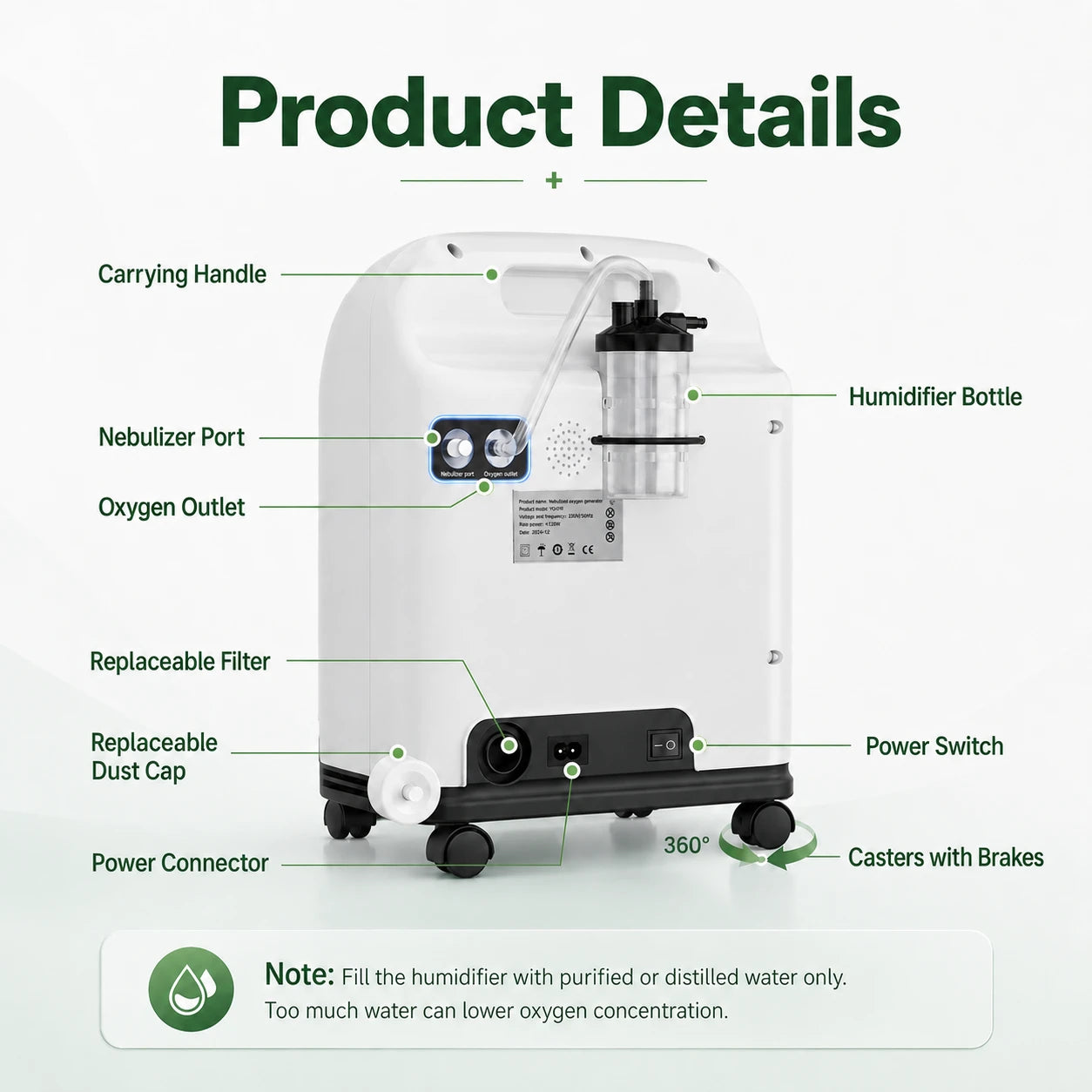 Product details of the Higreen Health DF-013 2–9L continuous flow home oxygen concentrator