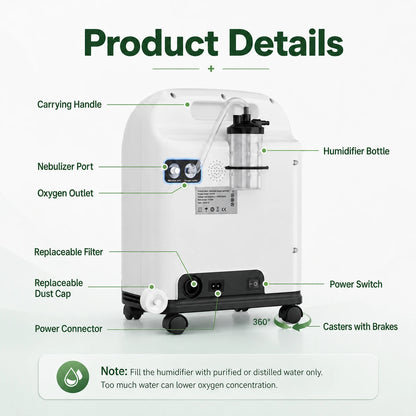 Product details of the Higreen Health DF-013 2–9L continuous flow home oxygen concentrator