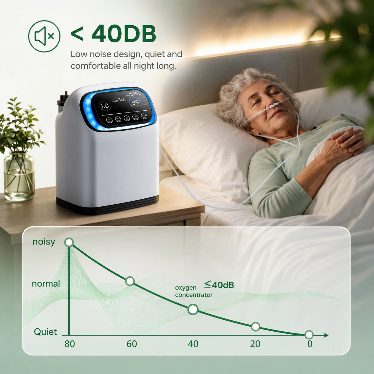 Higreen Health DF-013 2–9L continuous flow home oxygen concentrator with ultra-quiet ≤34dB operation