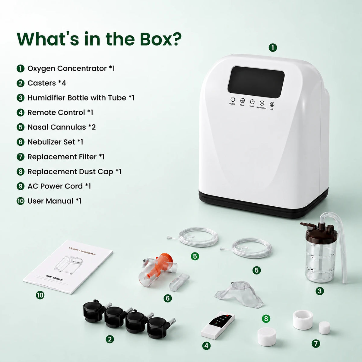 Accessories included with the Higreen Health DF-016 2–9L continuous flow home oxygen concentrator