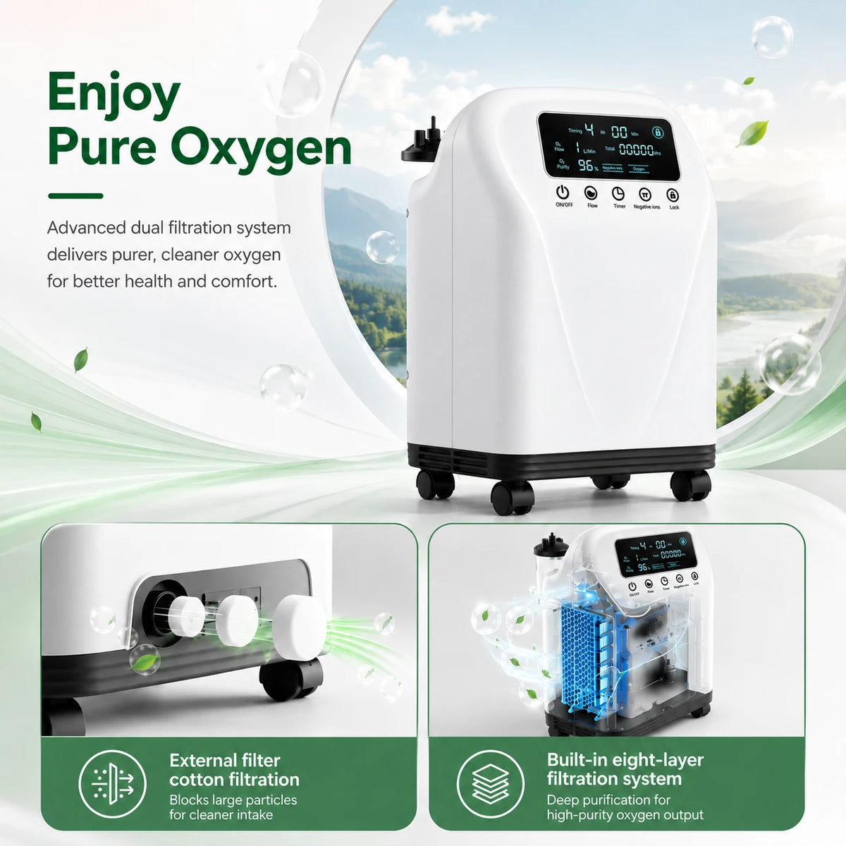 Higreen Health DF-016 2–9L continuous flow home oxygen concentrator with advanced filtration system