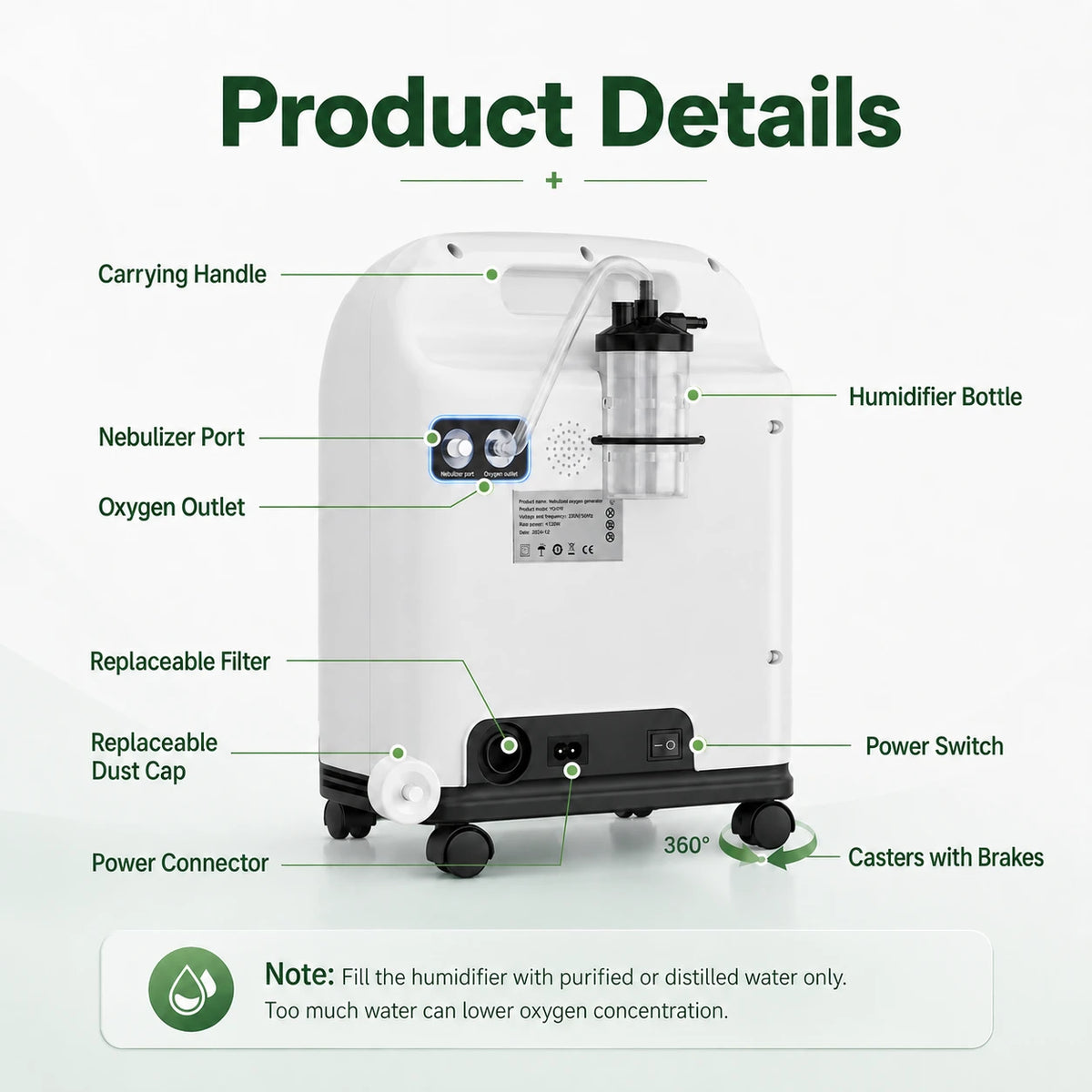 Product details of the Higreen Health DF-016 2–9L continuous flow home oxygen concentrator