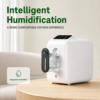 Home oxygen concentrator with integrated humidifier and visible water bubbles in a clean home setting