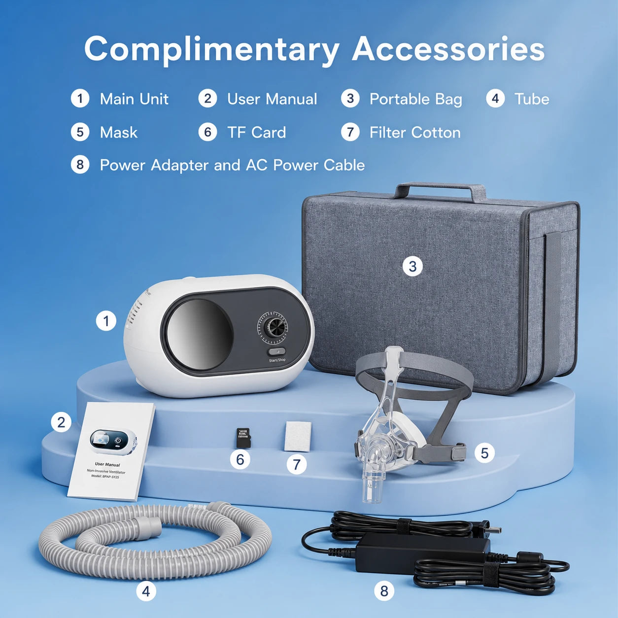 DF-925S BiPAP machine with included accessories for home respiratory therapy