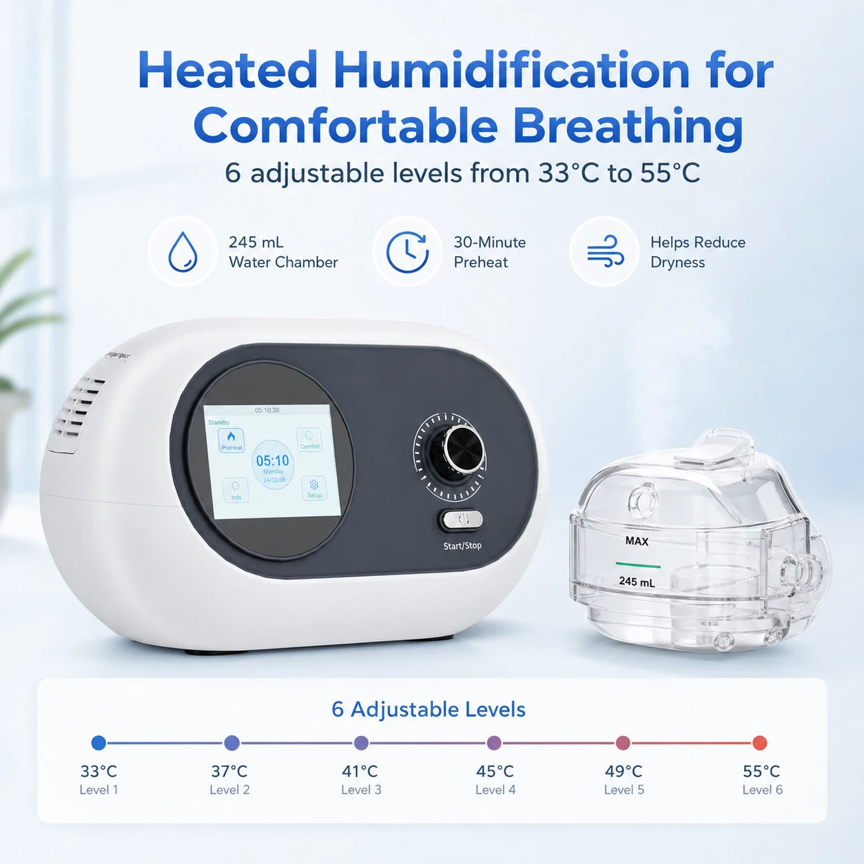 DF-925S BiPAP machine with integrated heated humidifier for added therapy comfort