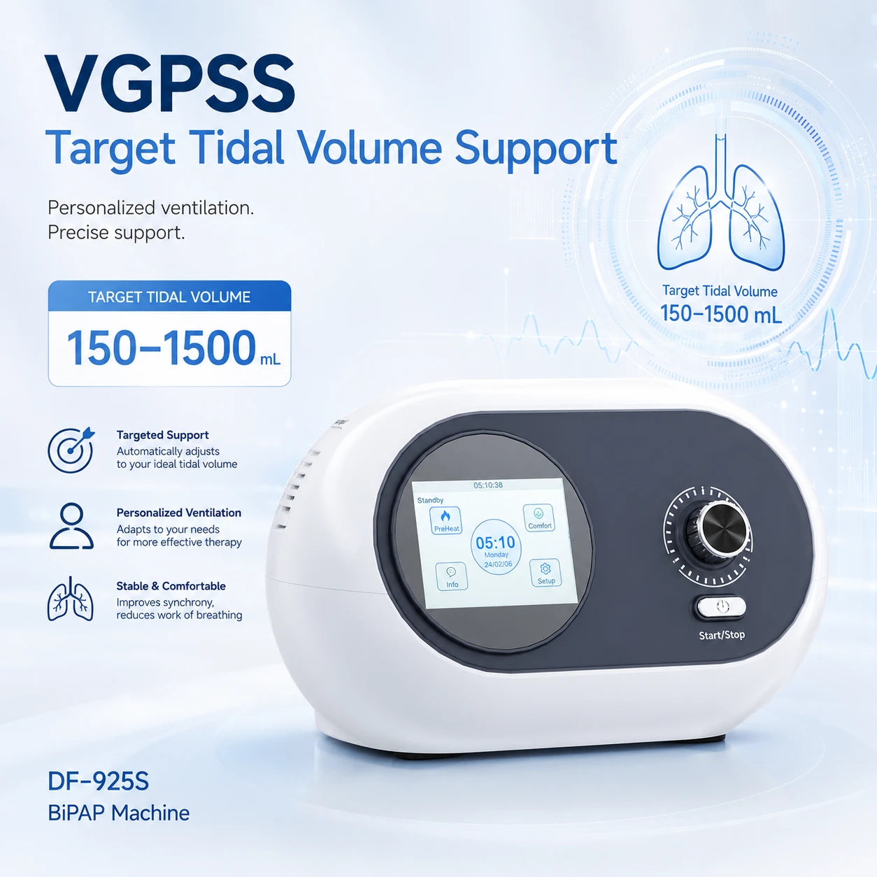 DF-925S BiPAP machine with VGPSS mode and adjustable target tidal volume support