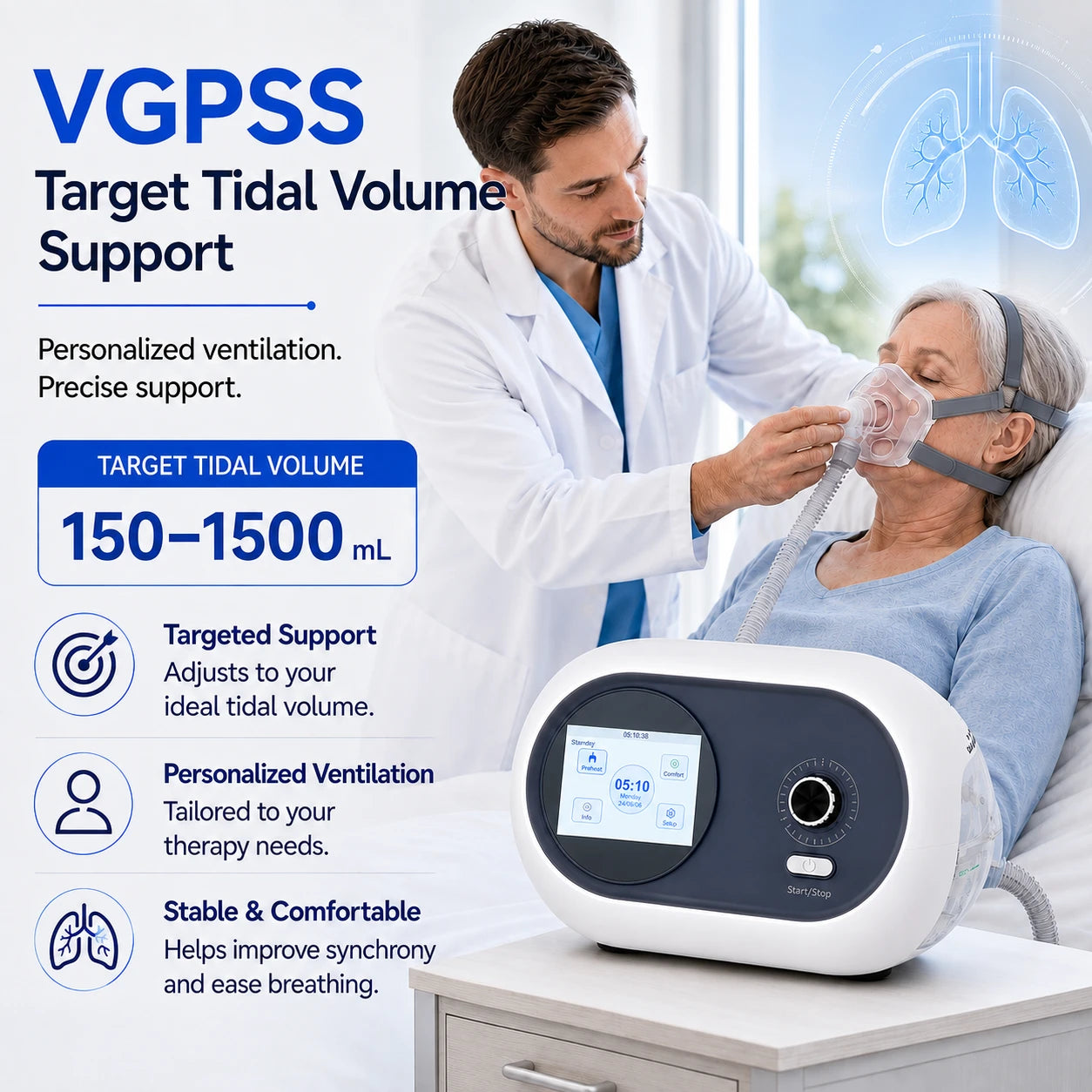 DF-925S BiPAP machine with VGPSS mode and adjustable target tidal volume support