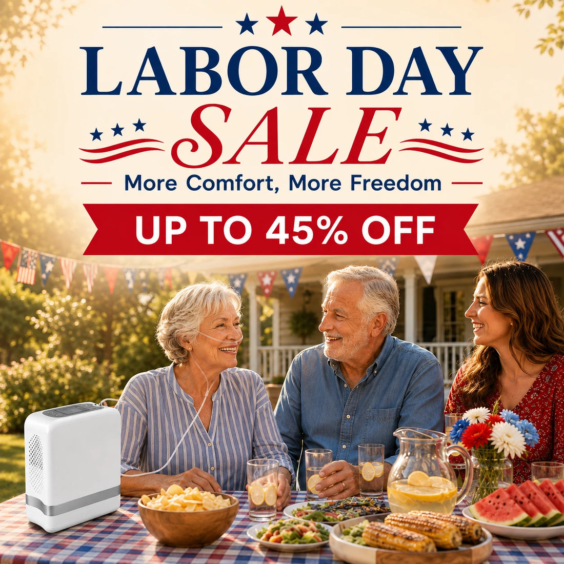 Square Labor Day sale banner offering up to 45% off, featuring a senior woman with a nasal cannula and portable oxygen concentrator