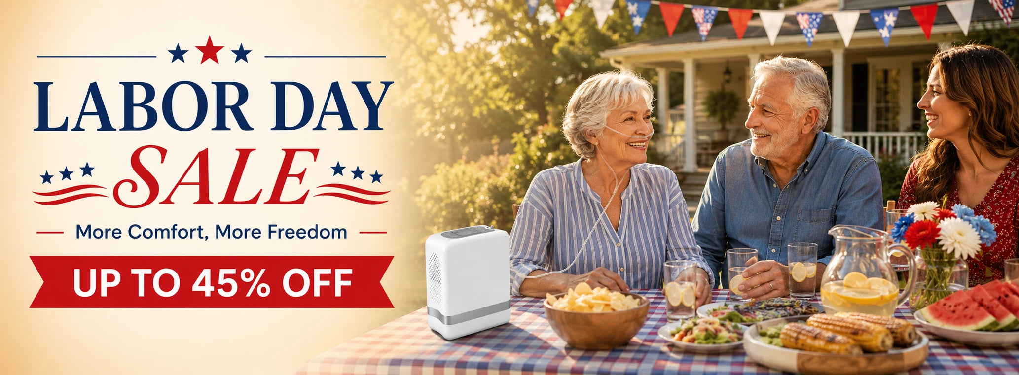 Labor Day sale banner with up to 45% off, showing a senior woman using a portable oxygen concentrator at a family backyard gathering.