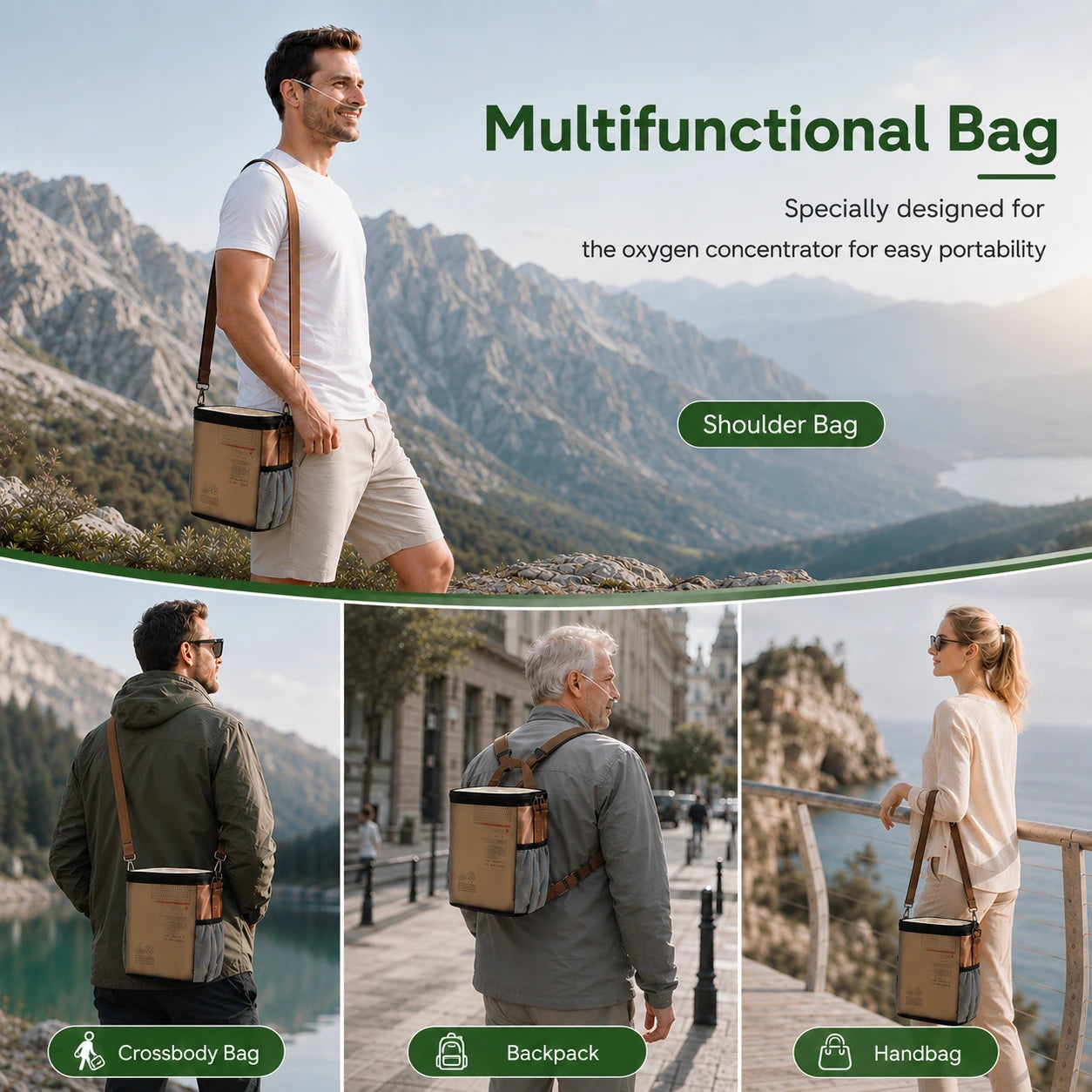 Multifunctional backpack for portable 5L continuous flow oxygen concentrator