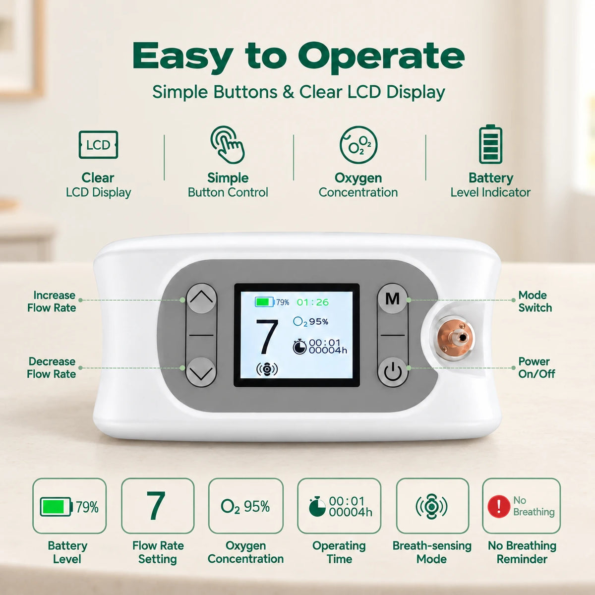 Portable 1-7L oxygen concentrator control screen with easy-to-use display