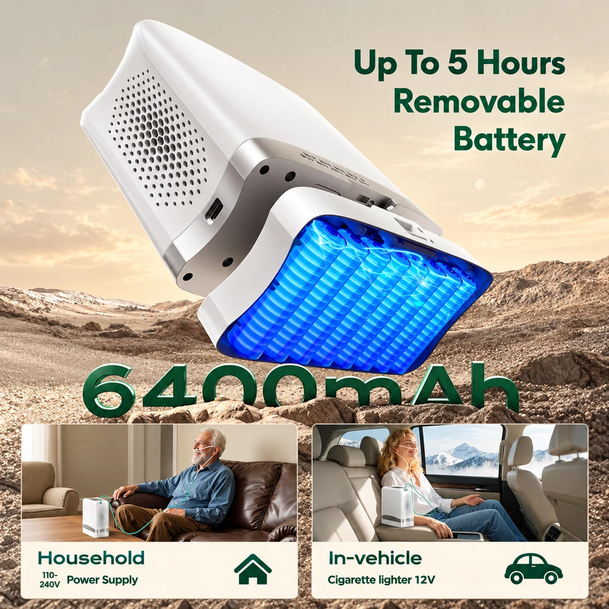 Removable battery for portable 7L oxygen concentrator