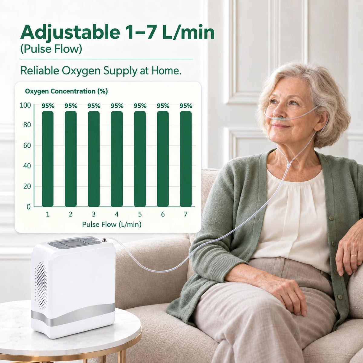 Portable 7L oxygen concentrator with high oxygen purity output