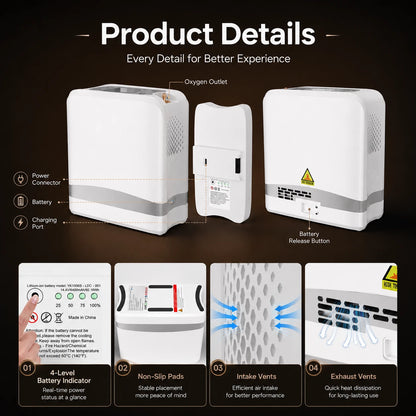 Details of the portable 1-7L oxygen concentrator showing product design and features