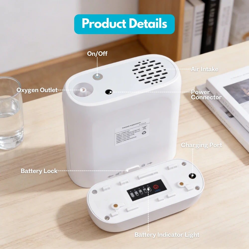 Portable 3L continuous flow oxygen concentrator details showing product design and features