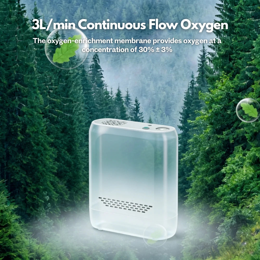 Portable 3L continuous flow oxygen concentrator for travel and daily use