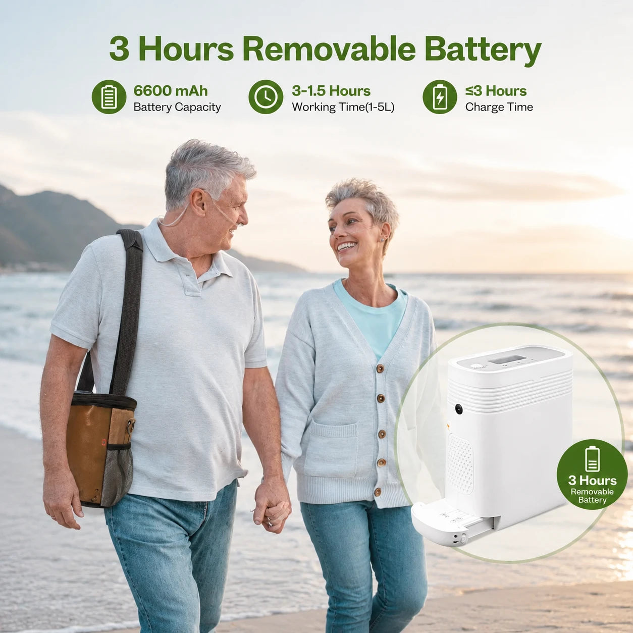 Portable 5L continuous flow oxygen concentrator with 3-hour detachable battery