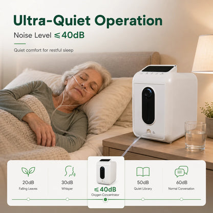 Quiet 9L continuous flow home oxygen concentrator designed for nighttime oxygen therapy