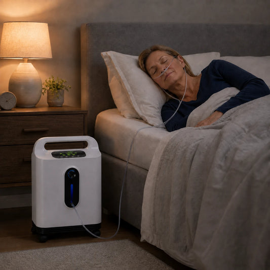Senior using a 2-9L home continuous flow oxygen concentrator during nighttime oxygen therapy