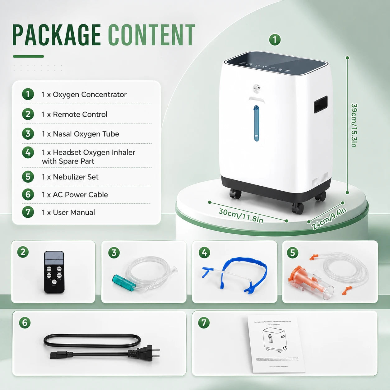 Accessories included with the YK1002 10L home oxygen concentrator