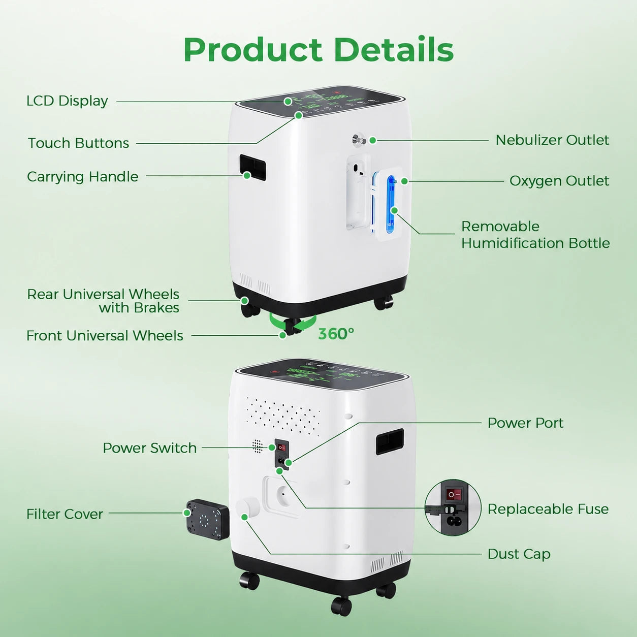 Product details of the YK1002 10L home oxygen concentrator